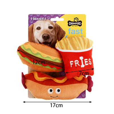 3PK Pet Dog Toy Plush Fast Food Fries Hotdog Burger Squeaky Training Fetch Toys