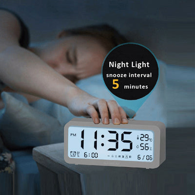 LCD Digital Display Alarm Clock Temperature Time Date Snooze White LED Backlight Clear