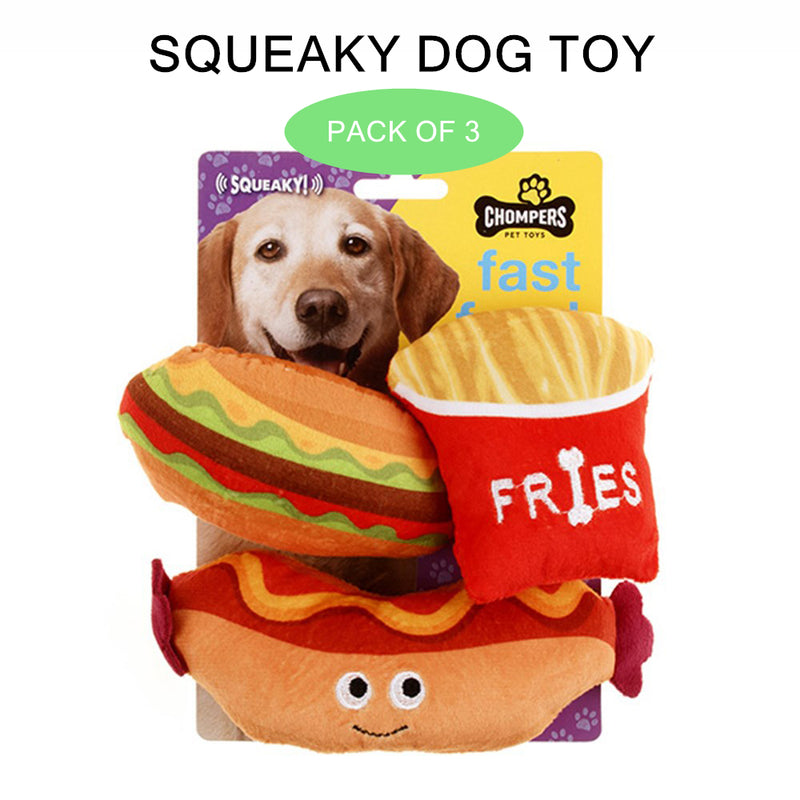 3PK Pet Dog Toy Plush Fast Food Fries Hotdog Burger Squeaky Training Fetch Toys