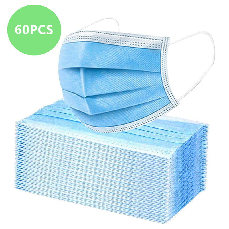 60 Pack Disposable Face Masks Mouth Mask 3 Layer Protective Blue