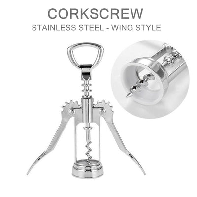 2-in-1 Classic Winged Corkscrew Wine Bottle Cork Opener Wing Handle Stainless Steel