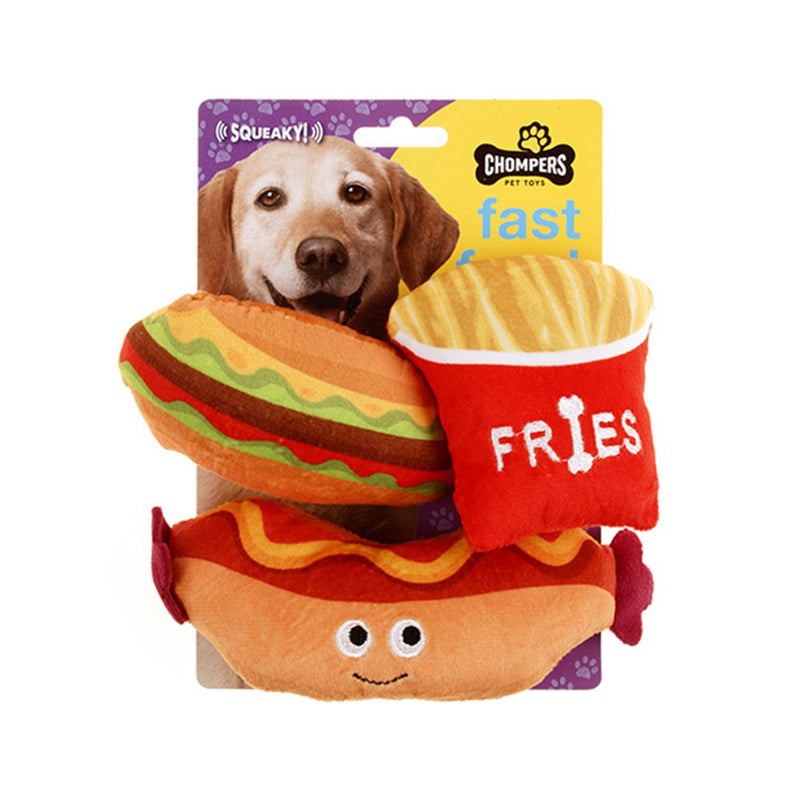 3PK Pet Dog Toy Plush Fast Food Fries Hotdog Burger Squeaky Training Fetch Toys