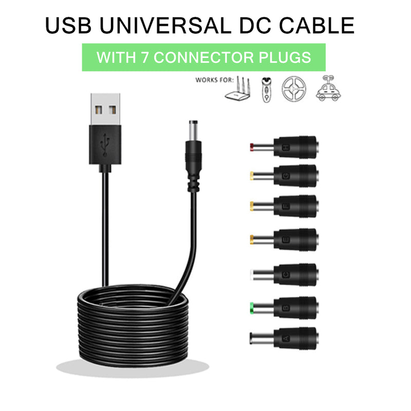 Universal USB-A to DC Cable 7 Interchangeable Connector Heads Plugs Adaptor Cord