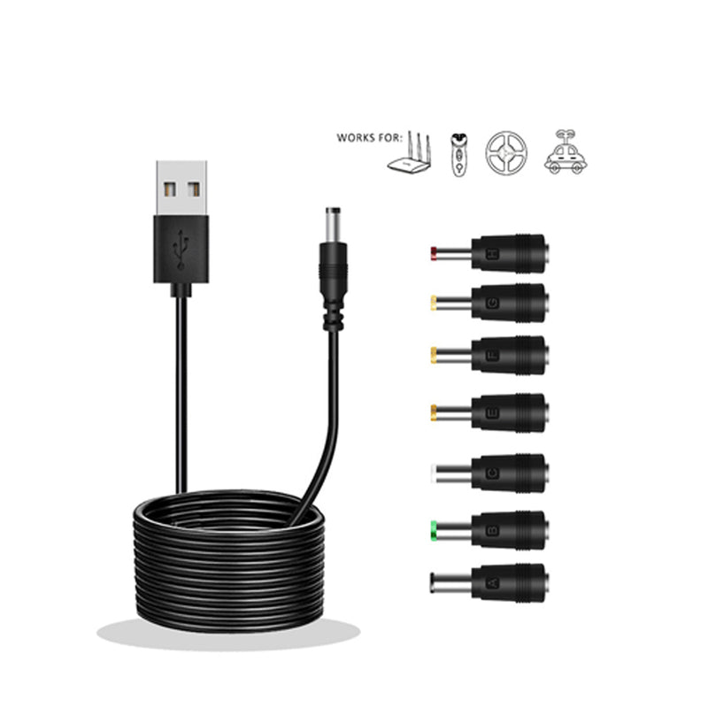 Universal USB-A to DC Cable 7 Interchangeable Connector Heads Plugs Adaptor Cord