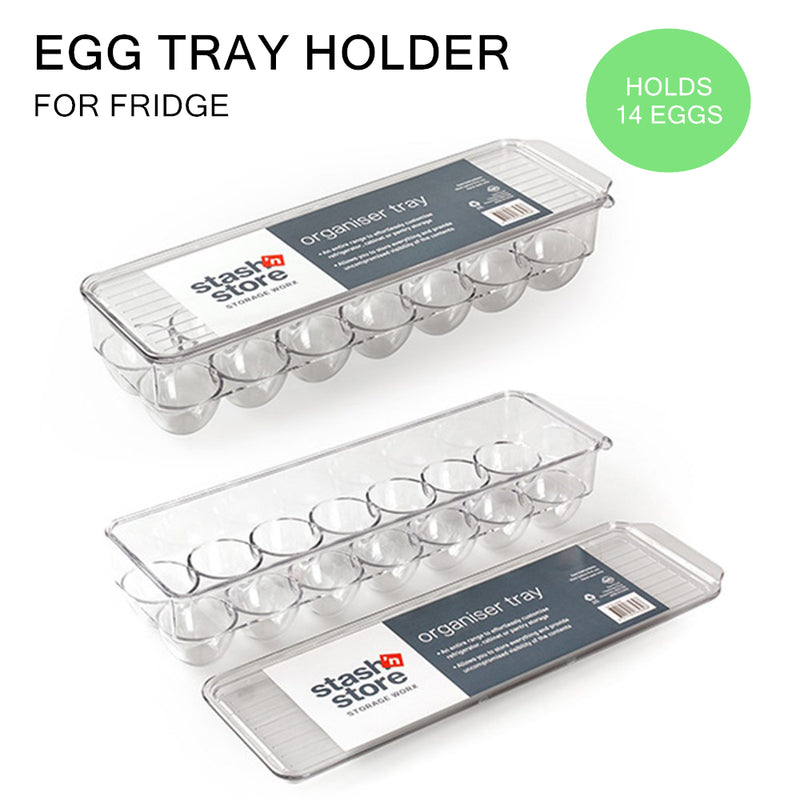 Egg Tray Holder with Lid Fridge Clear Storage Container Case Rack Holds 14 Eggs