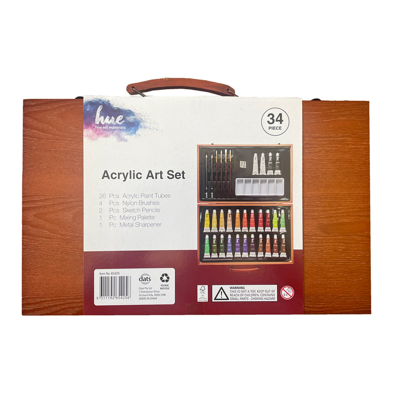 34PCS Acrylic Paints Art Set Kit Paint Tubes Brushes in Wooden Box Case Painting Artist