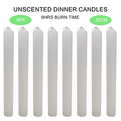 8 x Dinner Candle Unscented White Candles Plain Long 25cm Wedding Church Home