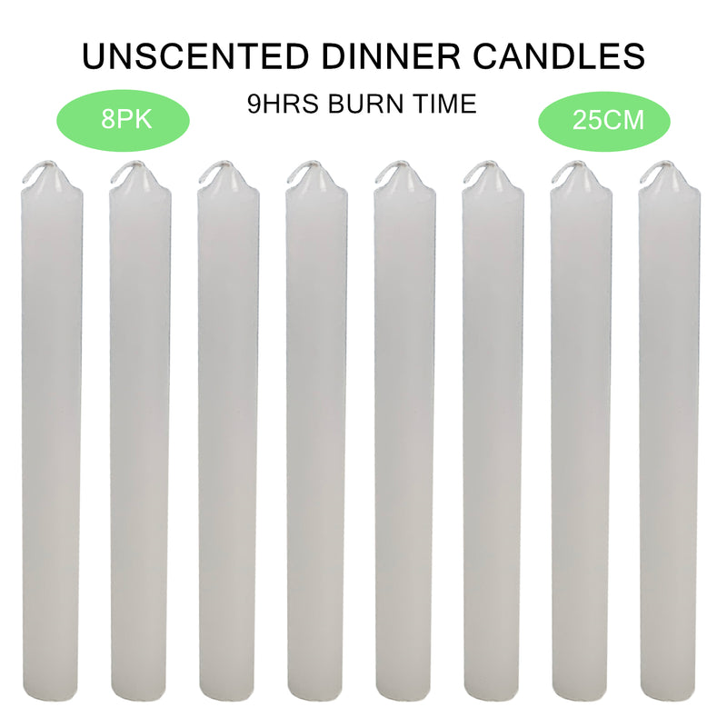 8 x Dinner Candle Unscented White Candles Plain Long 25cm Wedding Church Home