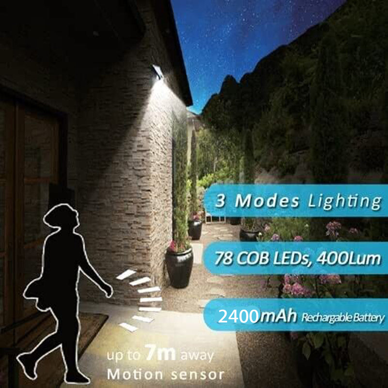 Solar Power LED Sensor Light Motion Activated Outdoor 2400mAh 3 Modes Lighting Dual