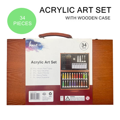 34PCS Acrylic Paints Art Set Kit Paint Tubes Brushes in Wooden Box Case Painting Artist