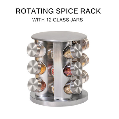 12 Glass Jar Revolving Stainless Spice Herb Rack Organiser Countertop 12pcs Jars Set