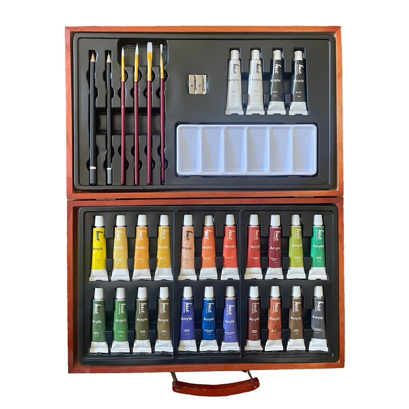 34PCS Acrylic Paints Art Set Kit Paint Tubes Brushes in Wooden Box Case Painting Artist