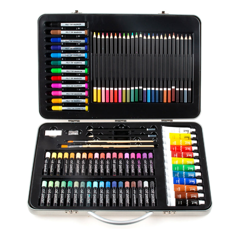 90PCS Mix Art Set Kit Acrylic Paints Colour Pencils in Metal Case Drawing Painting Artist